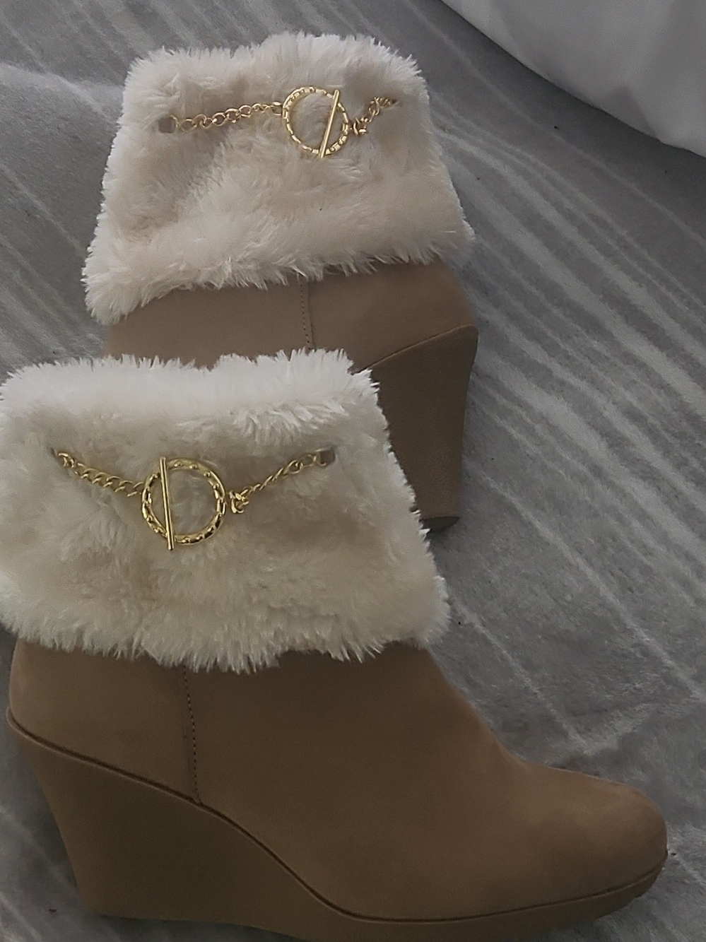 White Mountain Taupe Wedge Booties with Cream Faux-Fur Cuff & Gold Chain Accent